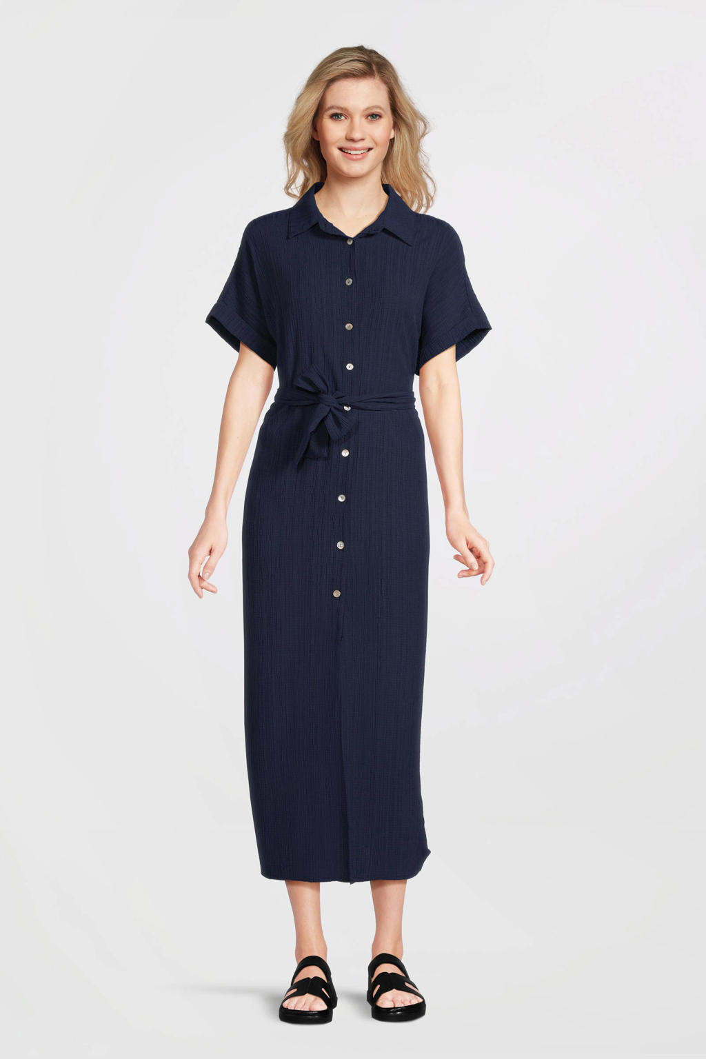 Donkerblauwe dames Tramontana blousejurk van katoen met effen, korte mouwen, klassieke kraag, knoopsluiting en ceintuur