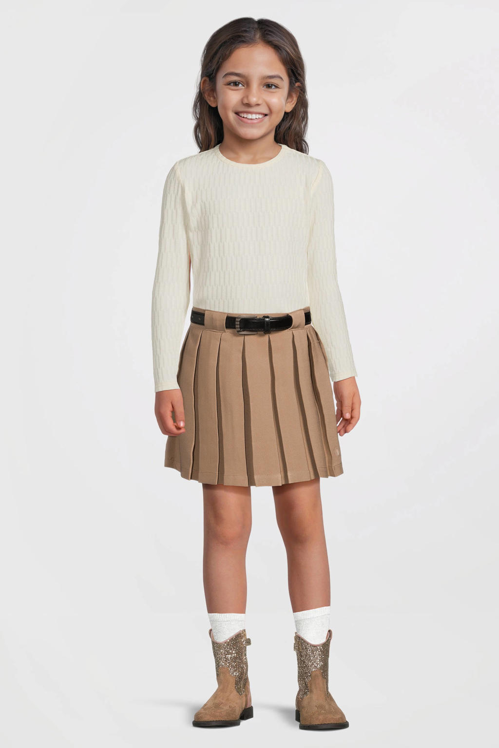 Ecru meisjes LEVV longsleeve van rayon met effen, lange mouwen, ronde hals en crinkle cotton