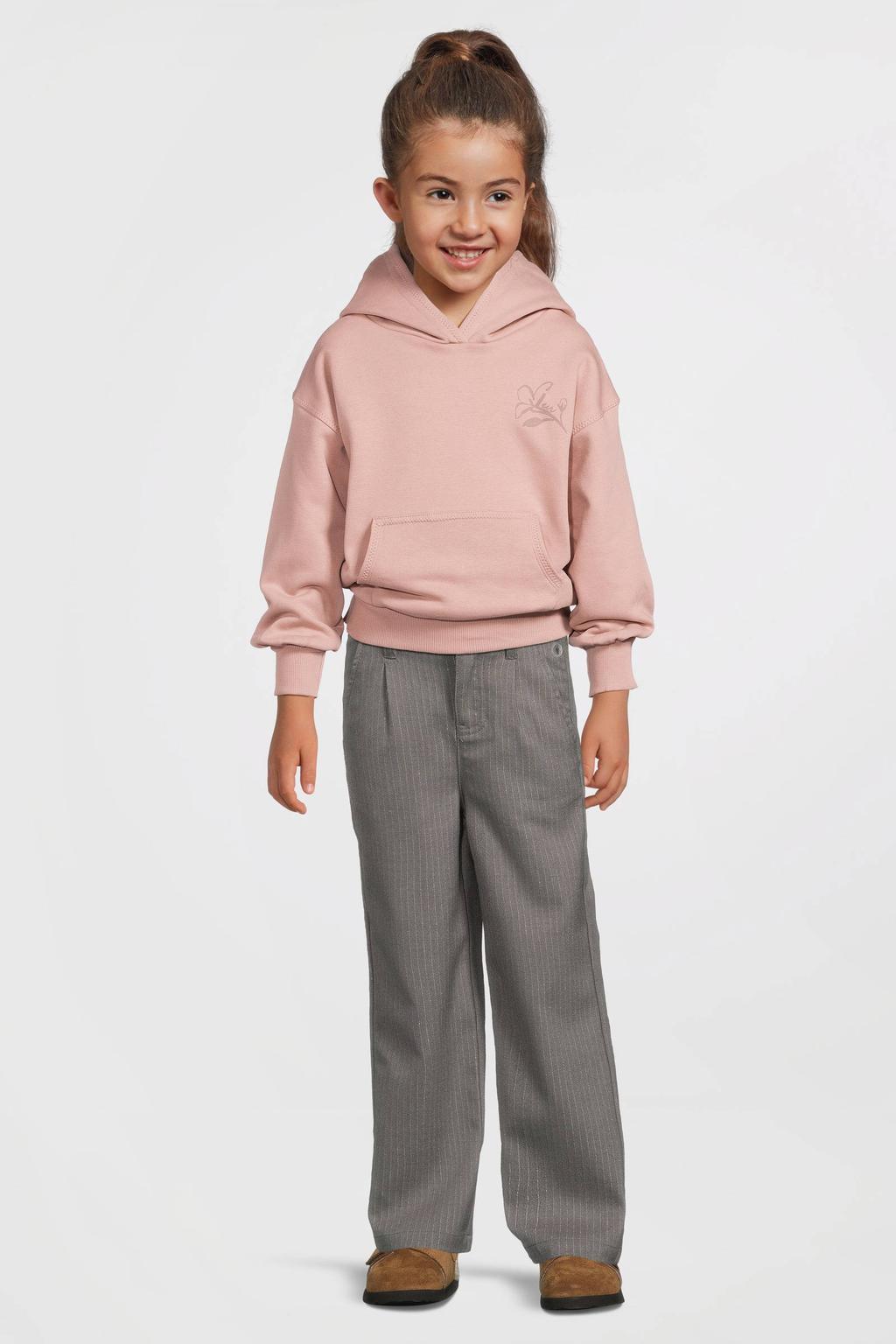Grijs en zilverkleurige meisjes LEVV regular pantalon van polyester met rits- en knoopsluiting en krijtstreepprint