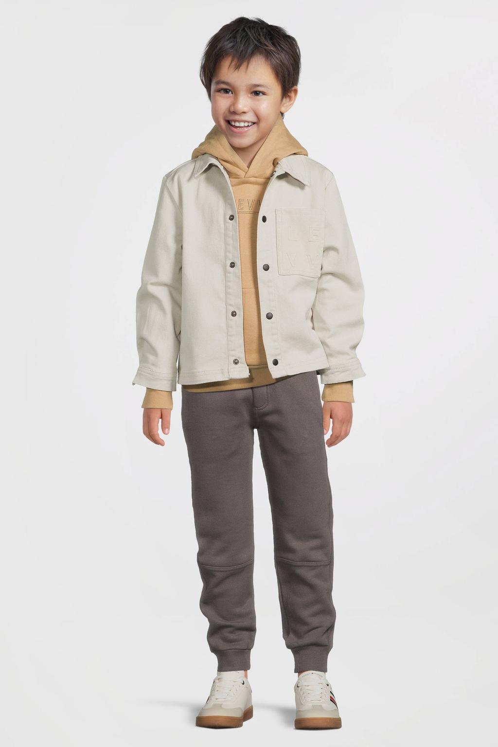 Beige jongens LEVV hoodie van sweat materiaal met effen, lange mouwen, capuchon en elastische boord