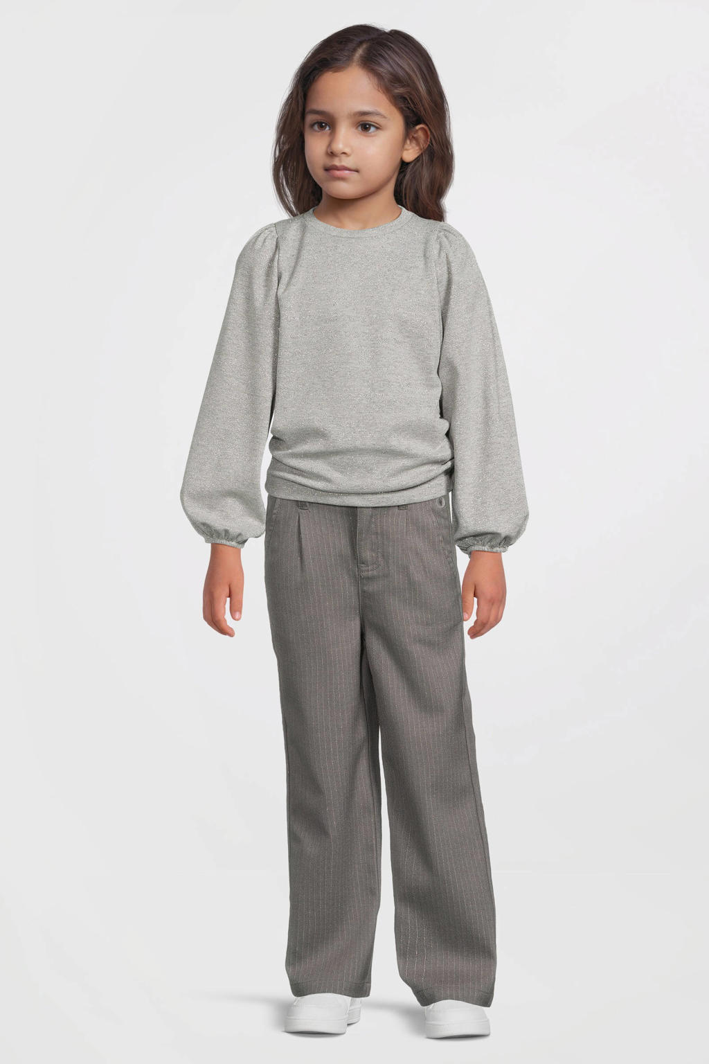 Grijs en zilverkleurige meisjes LEVV longsleeve van polyester met melée print, lange mouwen, ronde hals en lurex