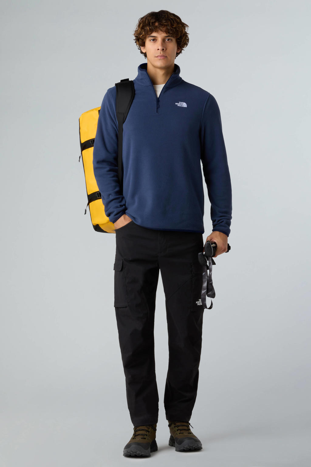 Donkerblauwe heren The North Face fleece sweater Glacier van polyester met effen, lange mouwen, opstaande kraag en halve rits