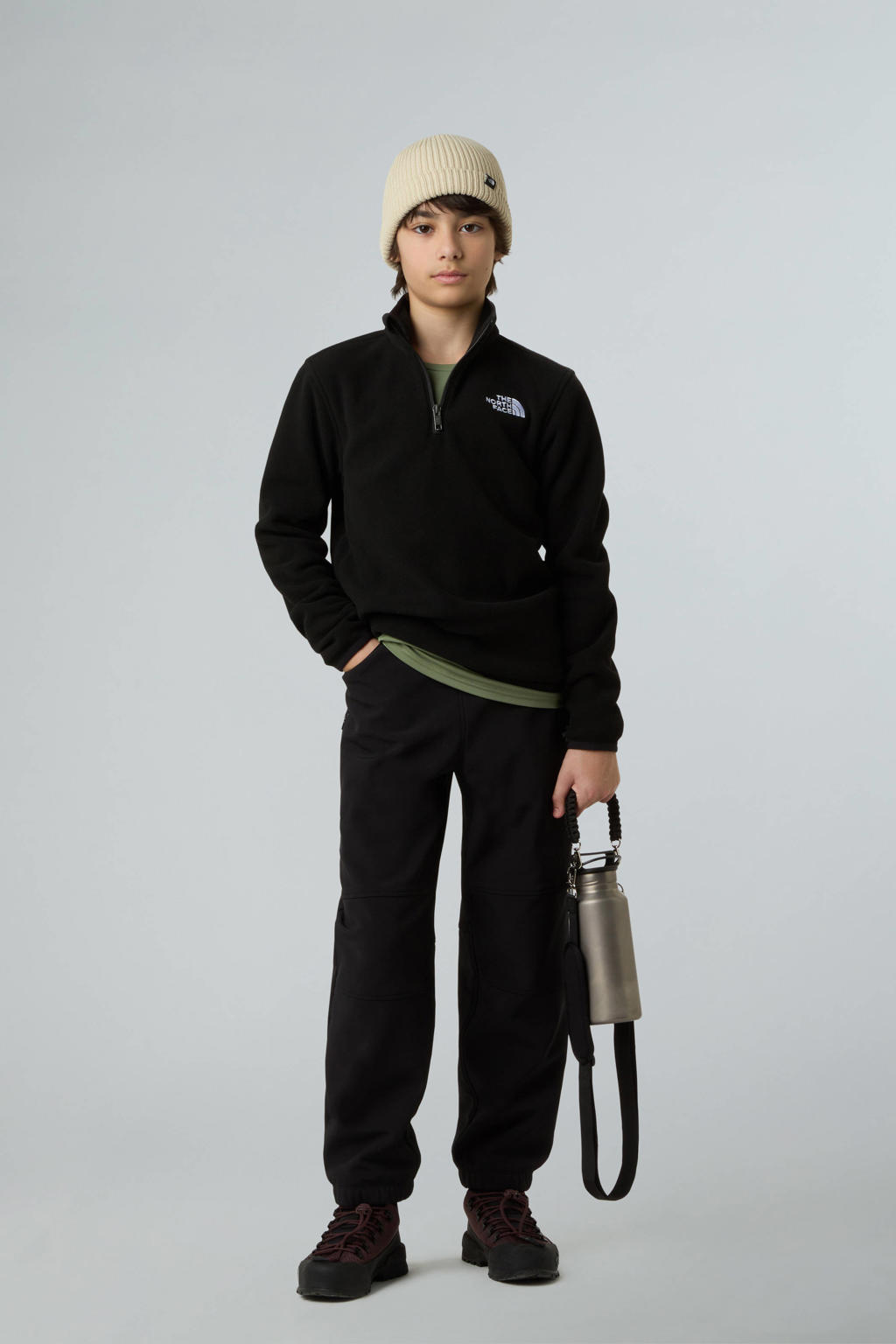 Zwarte jongens en meisjes The North Face fleece sweater Glacier met effen, lange mouwen, opstaande kraag en halve rits