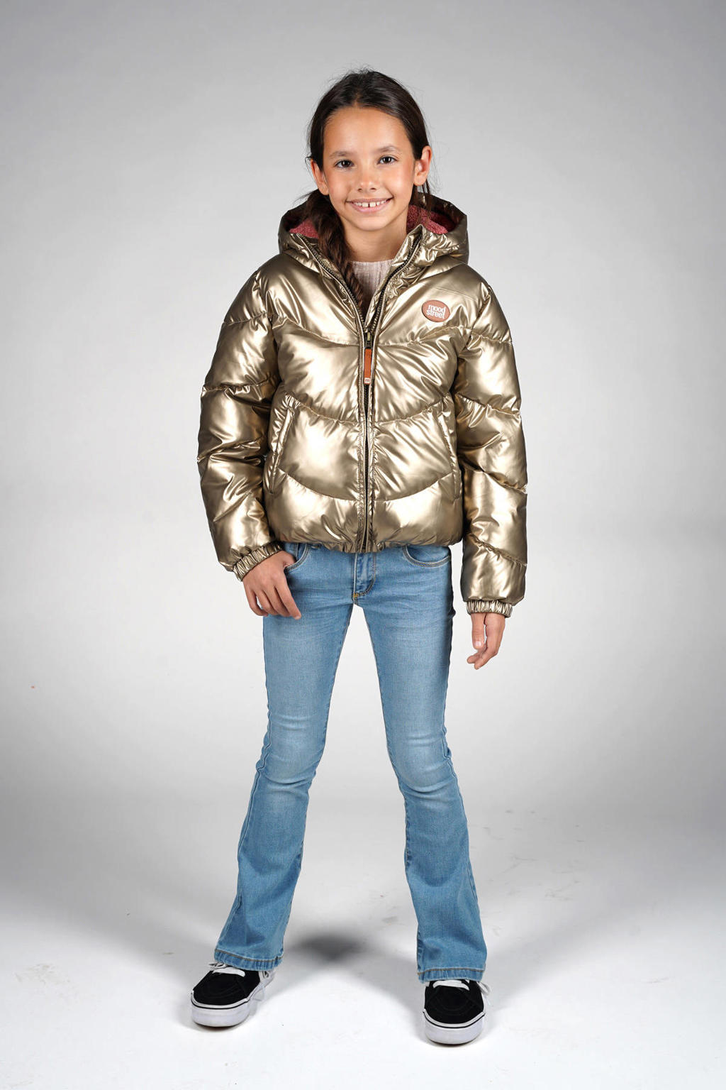 Gouden meisjes Moodstreet gewatteerde jas van polyester met effen, lange mouwen, capuchon, ritssluiting en glimmend detail