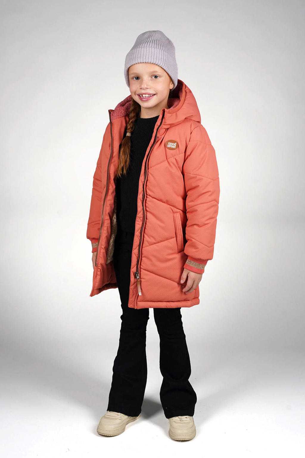 Roze meisjes Moodstreet gewatteerde jas van polyester met effen, lange mouwen, capuchon, ritssluiting en textuur