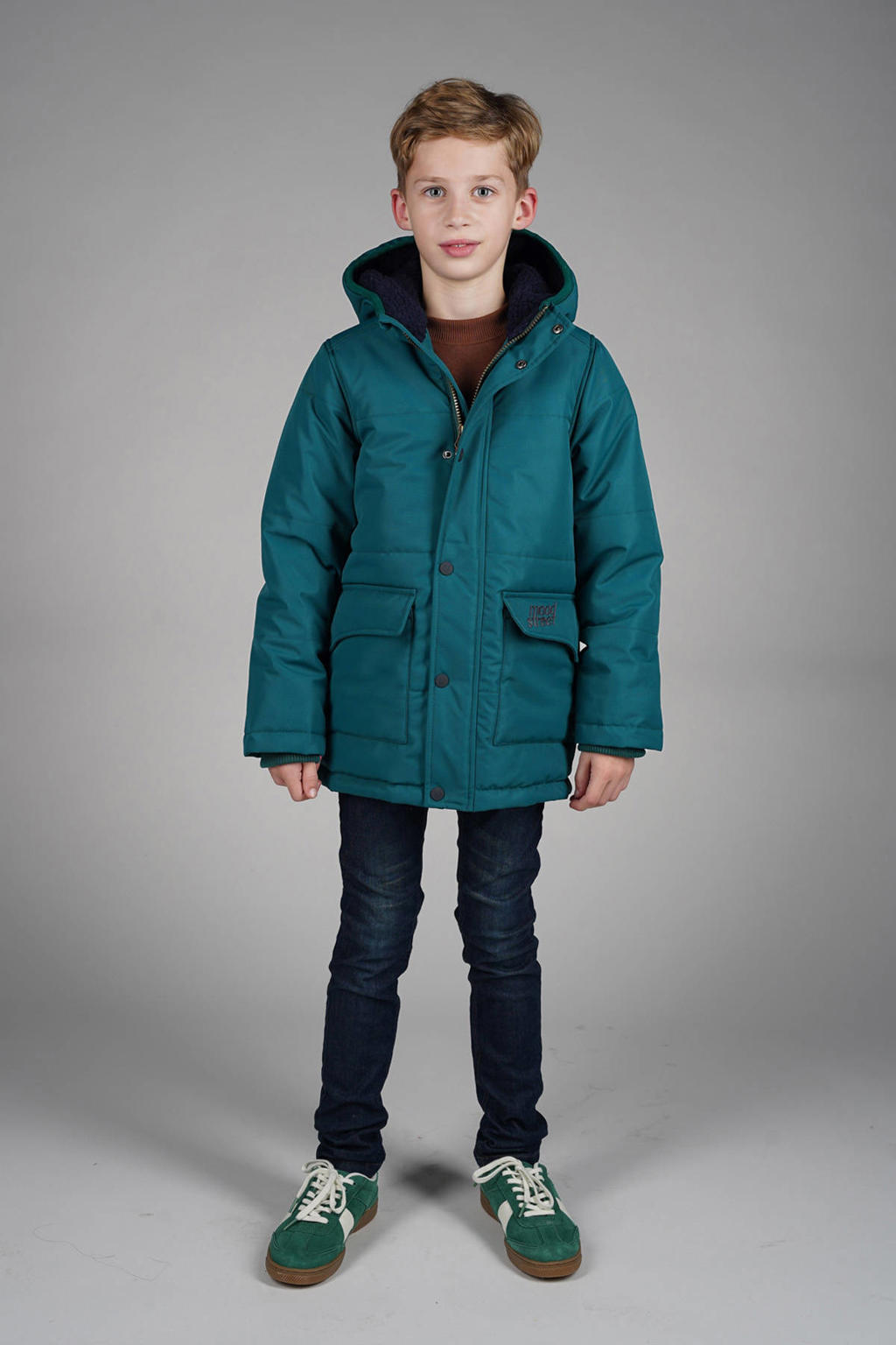 Petrolkleurige jongens Moodstreet parka van polyester met effen, lange mouwen, capuchon, rits- en drukknoopsluiting en geribde boorden