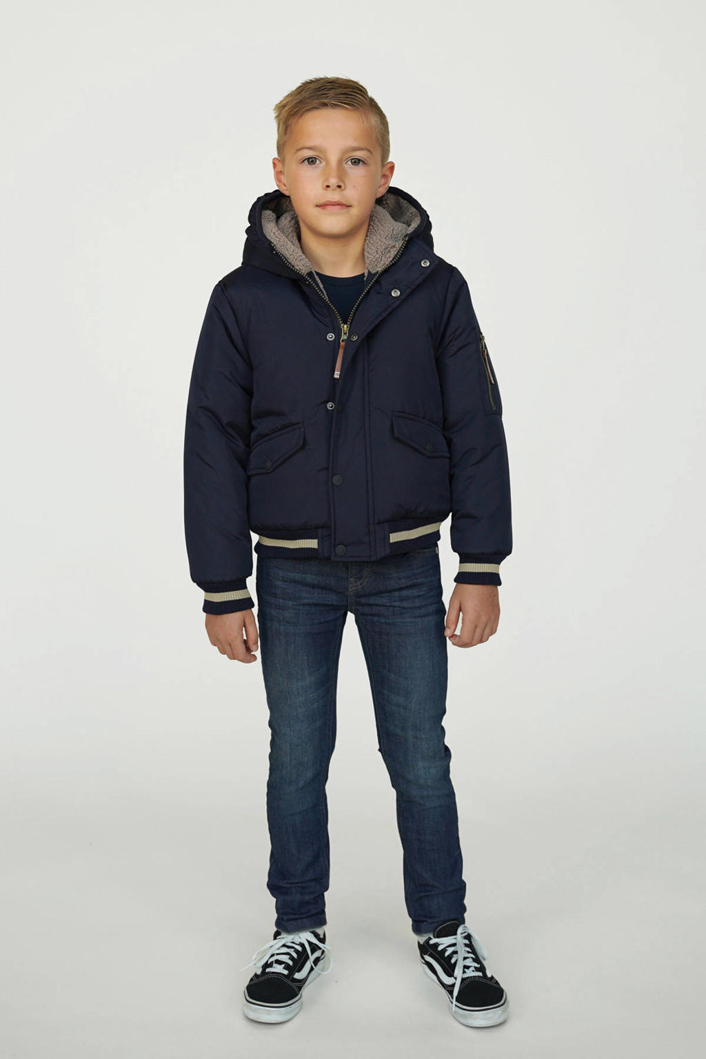 Donkerblauw en witte jongens Moodstreet winterjas van polyester met effen, lange mouwen, capuchon, rits- en drukknoopsluiting en geribde boorden