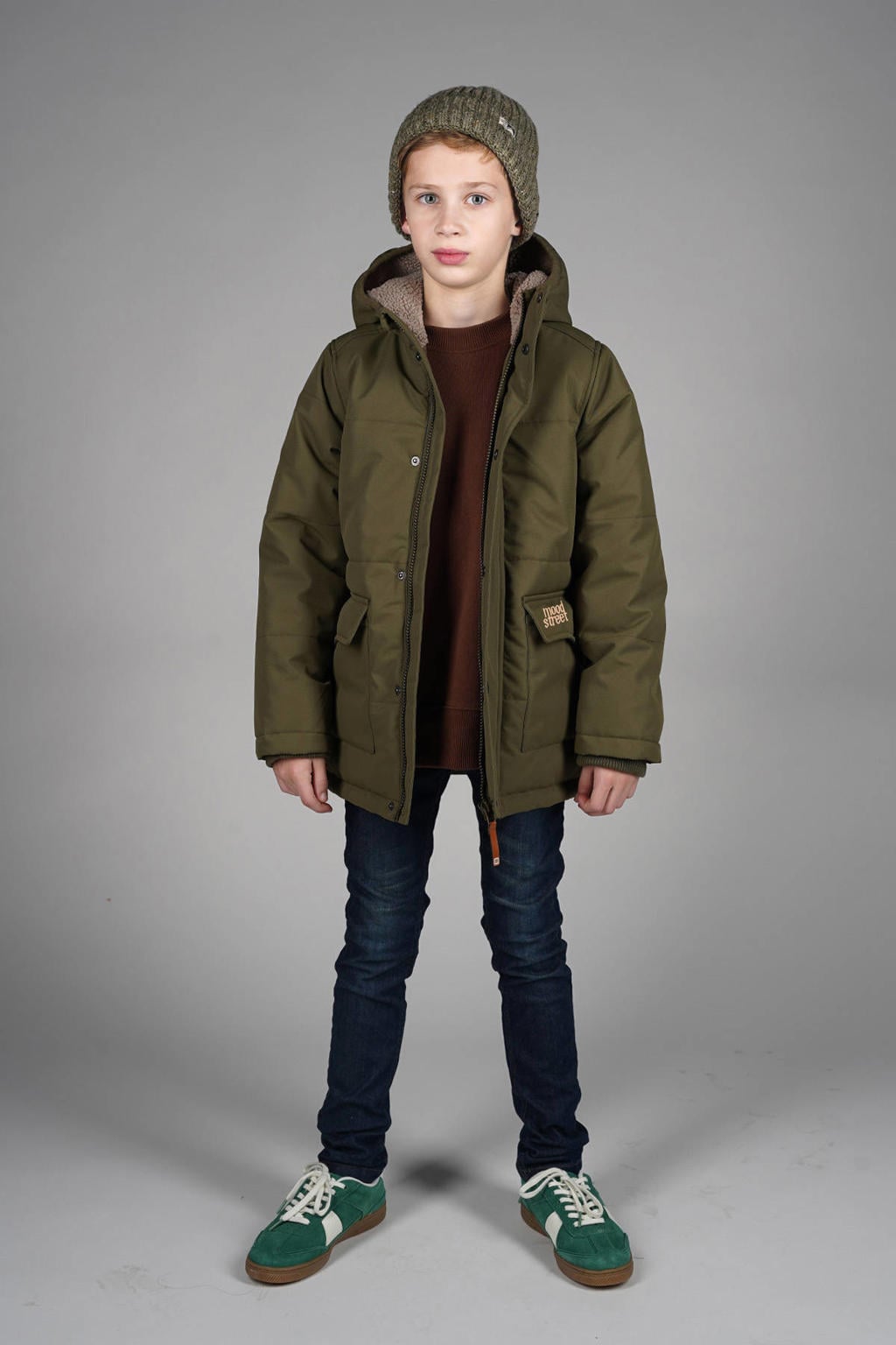 Groene jongens Moodstreet parka van polyester met effen, lange mouwen, capuchon, rits- en drukknoopsluiting en geribde boorden
