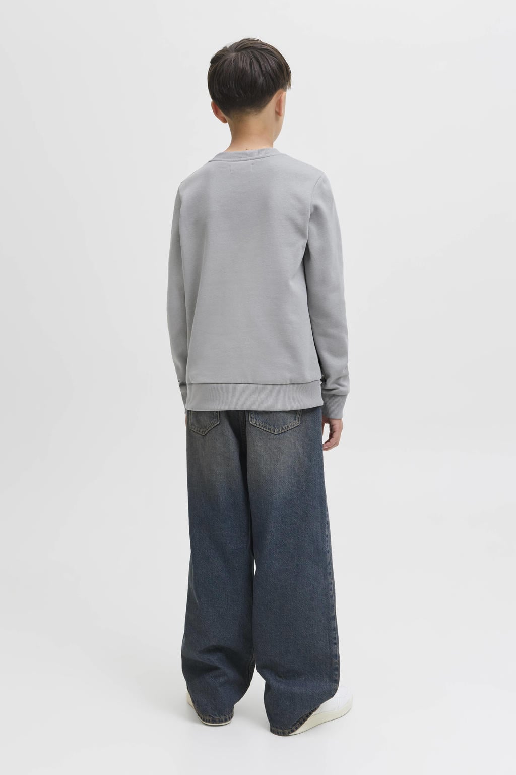 Grijze jongens JACK & JONES JUNIOR sweater met logo dessin, lange mouwen, ronde hals en geribde boorden