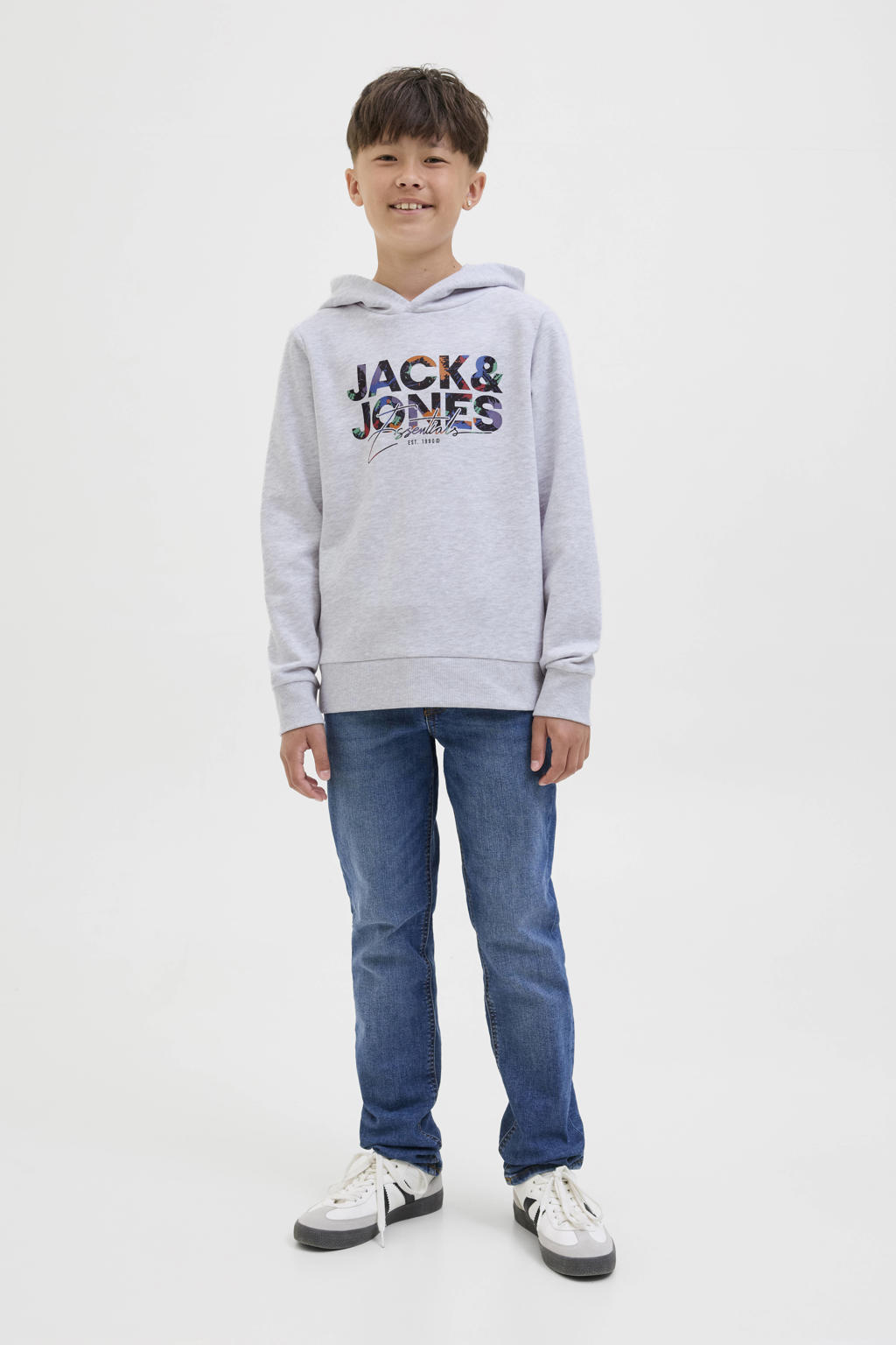 Witte jongens JACK & JONES JUNIOR hoodie van sweat materiaal met logo dessin, lange mouwen en capuchon