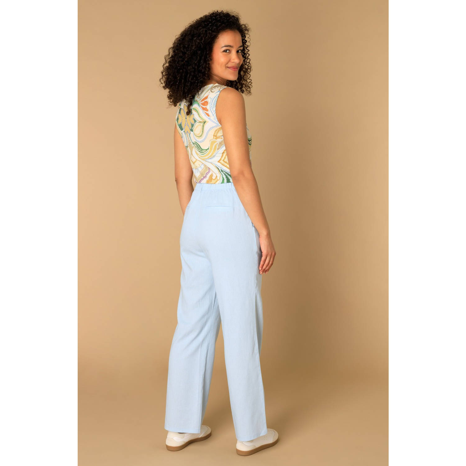 Ivy Beau linnen wide leg high waist pantalon lichtblauw