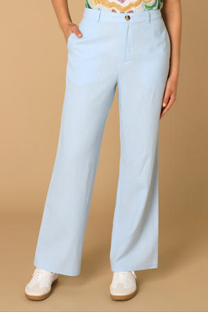linnen wide leg high waist pantalon lichtblauw