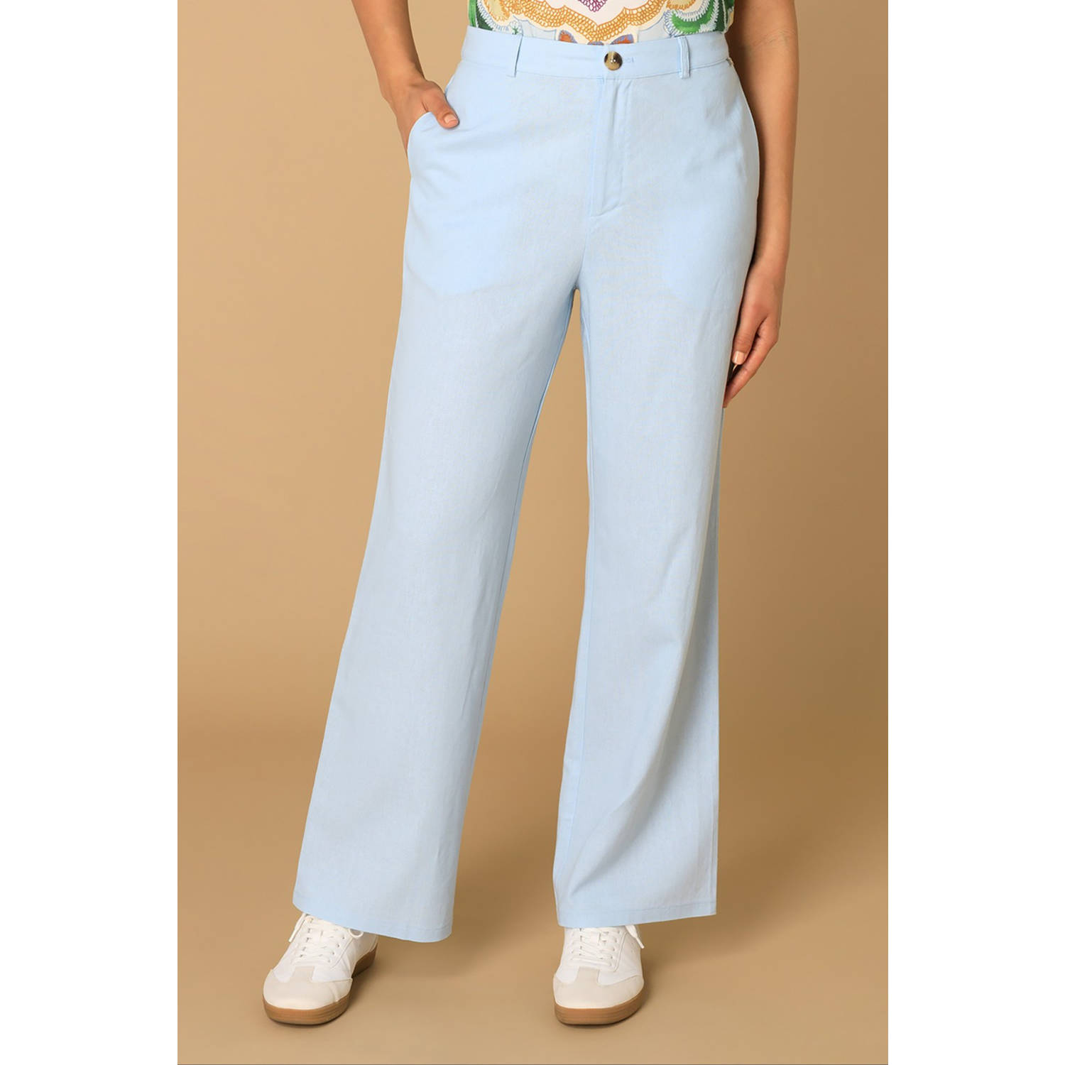 Ivy Beau linnen wide leg high waist pantalon lichtblauw