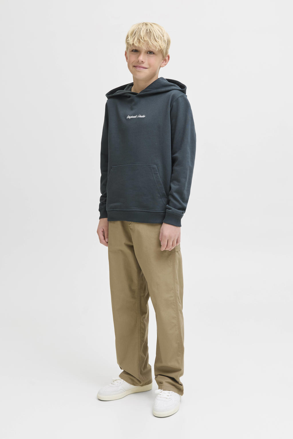Bruine jongens JACK & JONES JUNIOR wide leg casual broek van katoen met rits- en knoopsluiting en effen