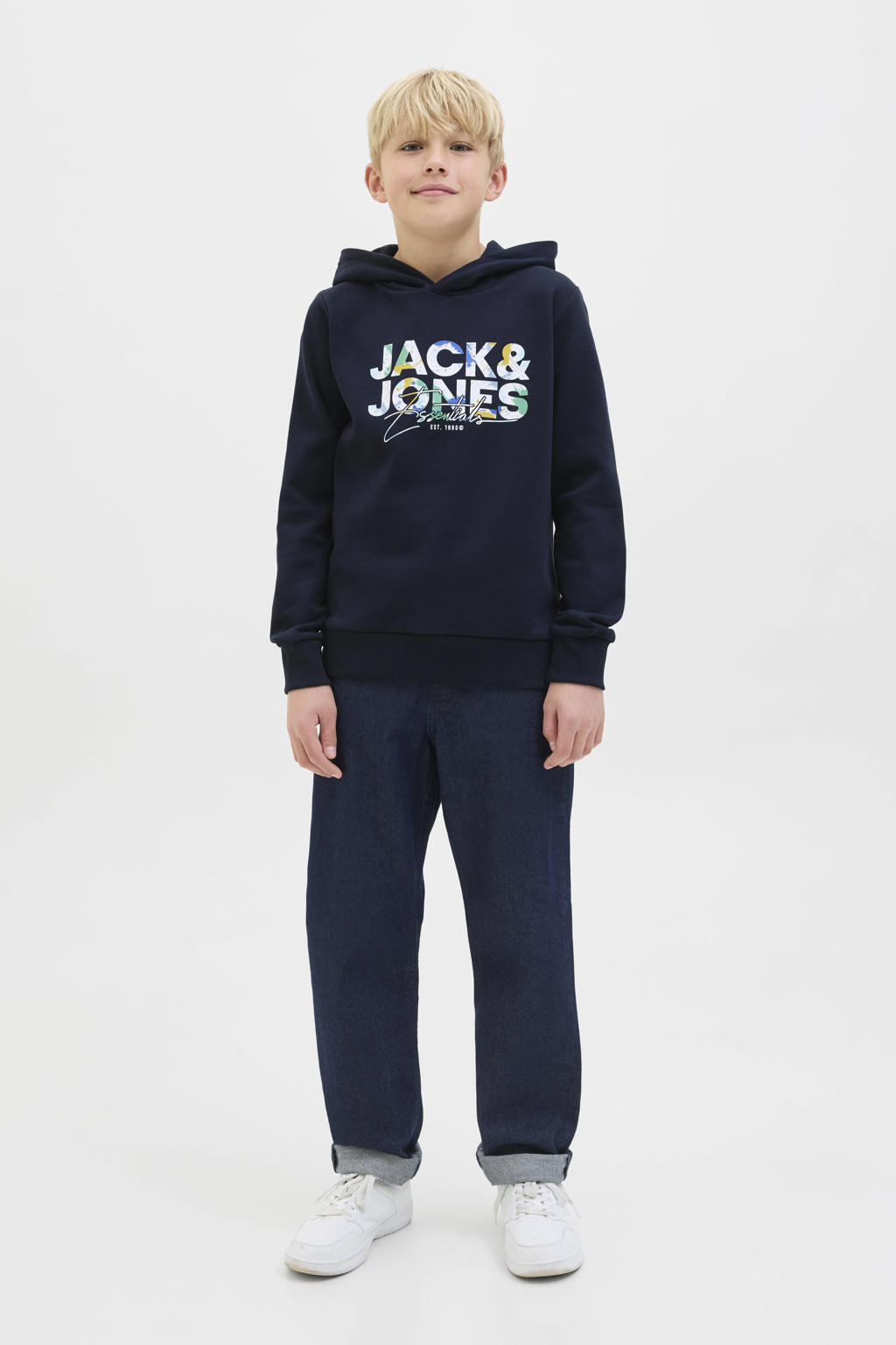 Donkerblauwe jongens JACK & JONES JUNIOR hoodie van sweat materiaal met logo dessin, lange mouwen en capuchon