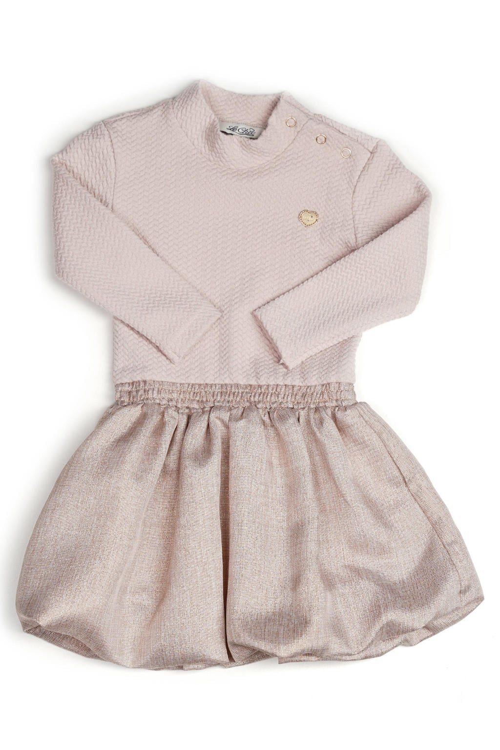 Gouden meisjes Le Chic korte jurk van polyester met lange mouwen, ronde hals, drukknoopsluiting en glimmend detail