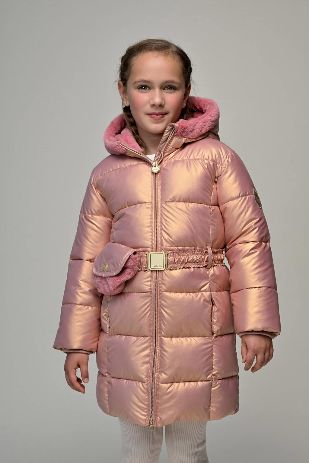 Roze meisjes Le Chic gewatteerde jas van polyester met lange mouwen, capuchon, ritssluiting en ceintuur