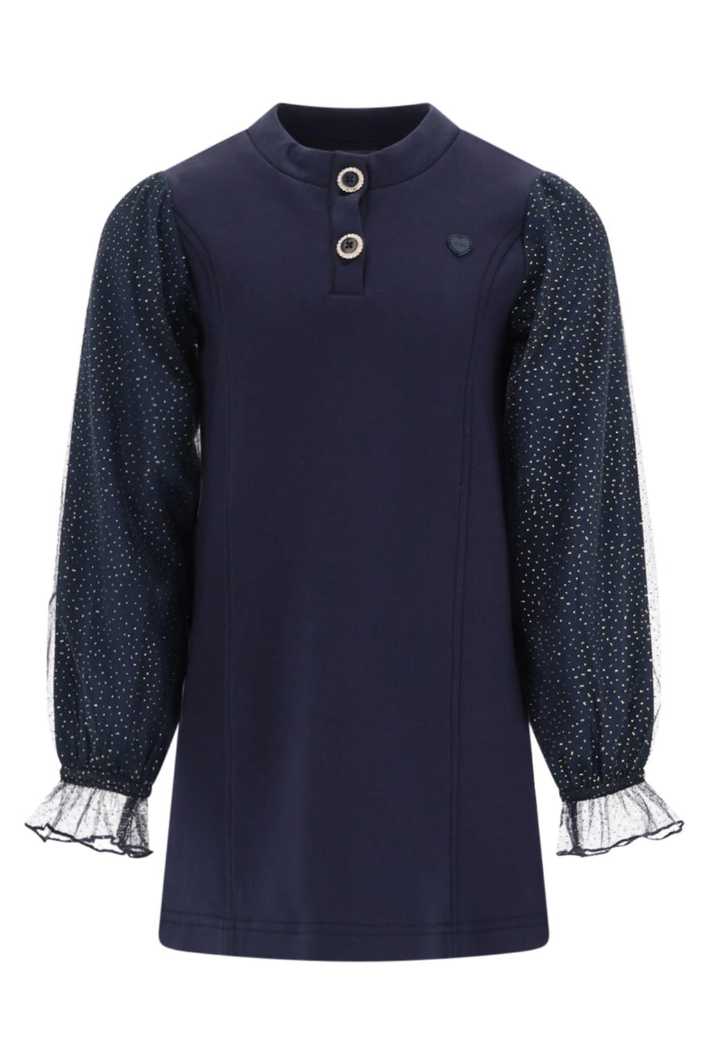 Donkerblauwe meisjes Le Chic korte jurk van katoen met lange mouwen, opstaande kraag, knoopsluiting en semi-transparante details