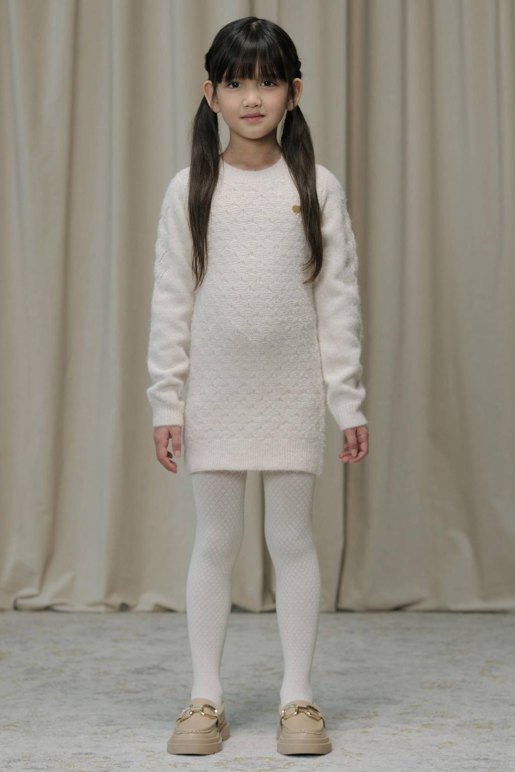 Witte meisjes Le Chic korte jurk gebreid van polyester met lange mouwen, opstaande kraag en knoopsluiting