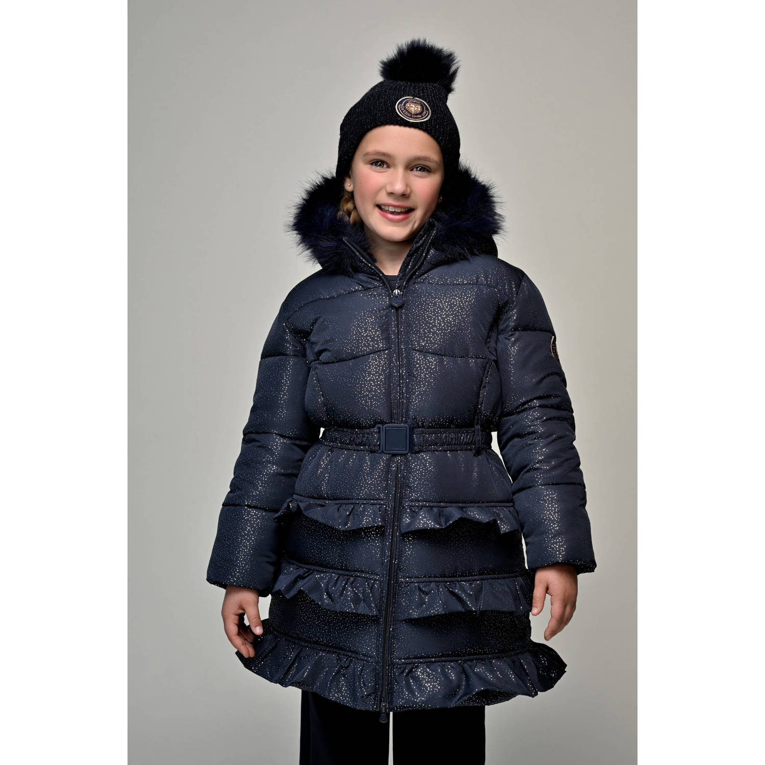 Le Chic gewatteerde jas met glitter donkerblauw