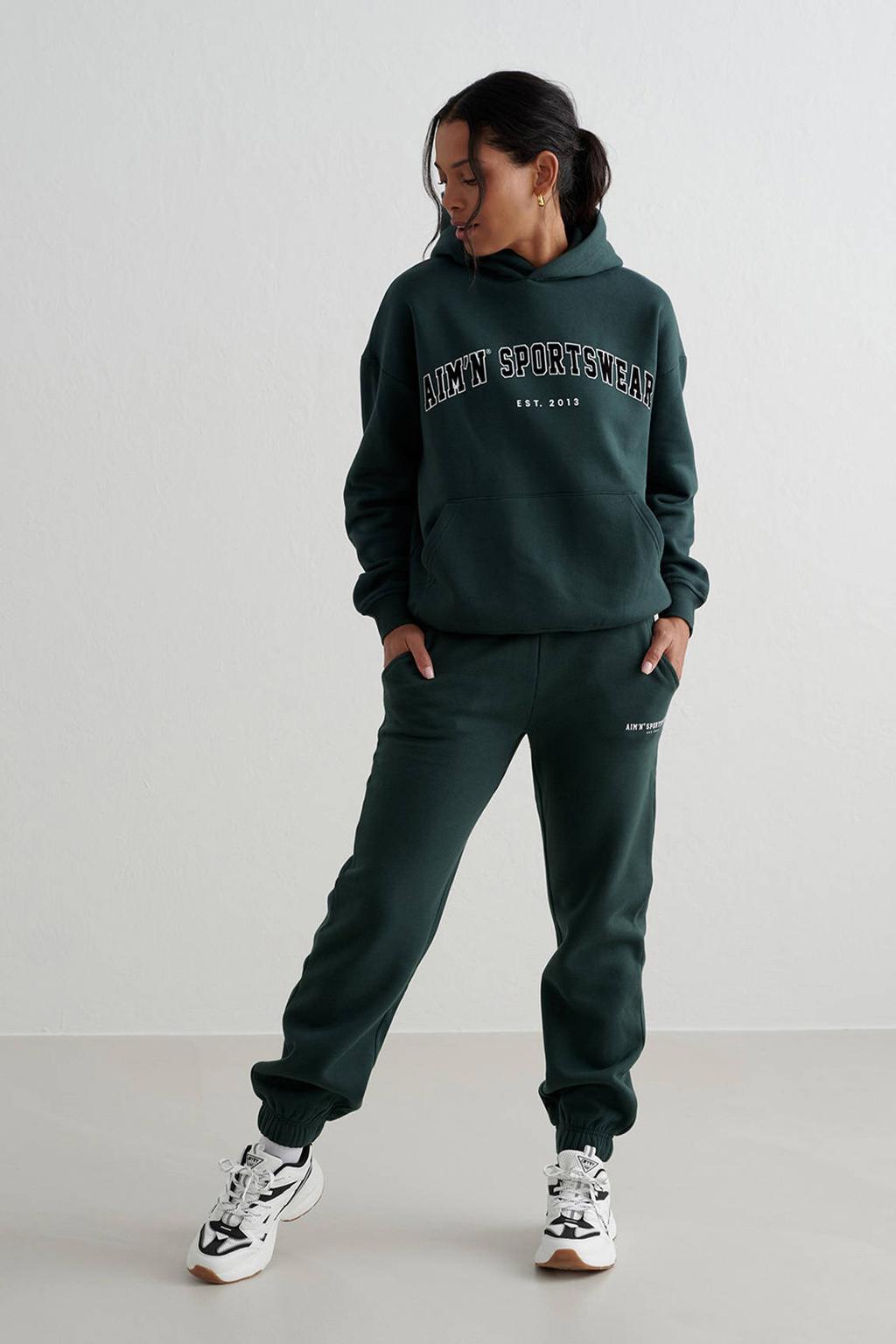 Donkergroene dames Aim'n joggingbroek Varsity van katoen met regular fit, regular waist en elastische tailleband