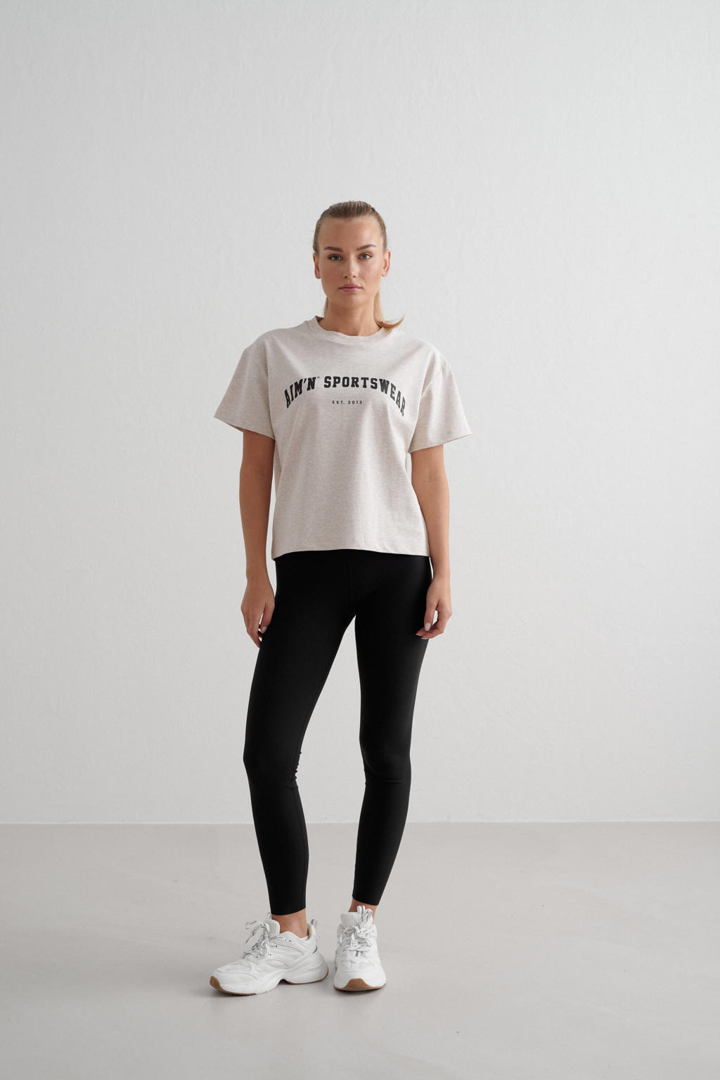 Beige dames Aim'n sportshirt Varsity van katoen met korte mouwen en ronde hals