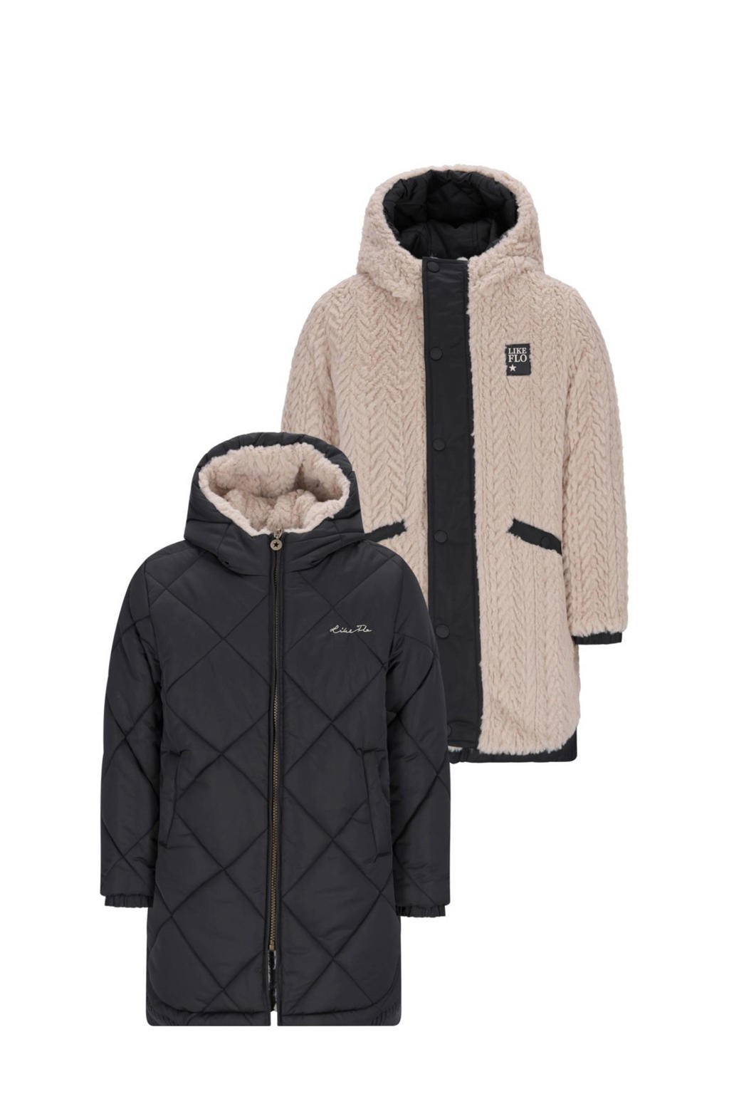 Antraciet en ecru meisjes Like Flo reversible jas van polyester met effen, lange mouwen, capuchon, ritssluiting en doorgestikte details