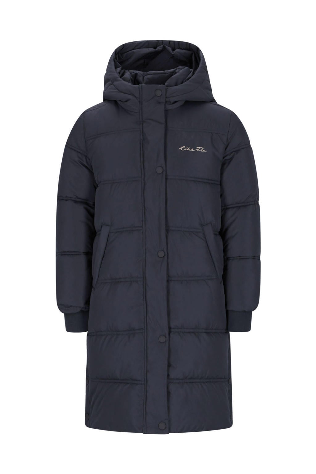Donkerblauwe meisjes Like Flo gewatteerde jas van polyester met effen, lange mouwen, capuchon, ritssluiting en doorgestikte details