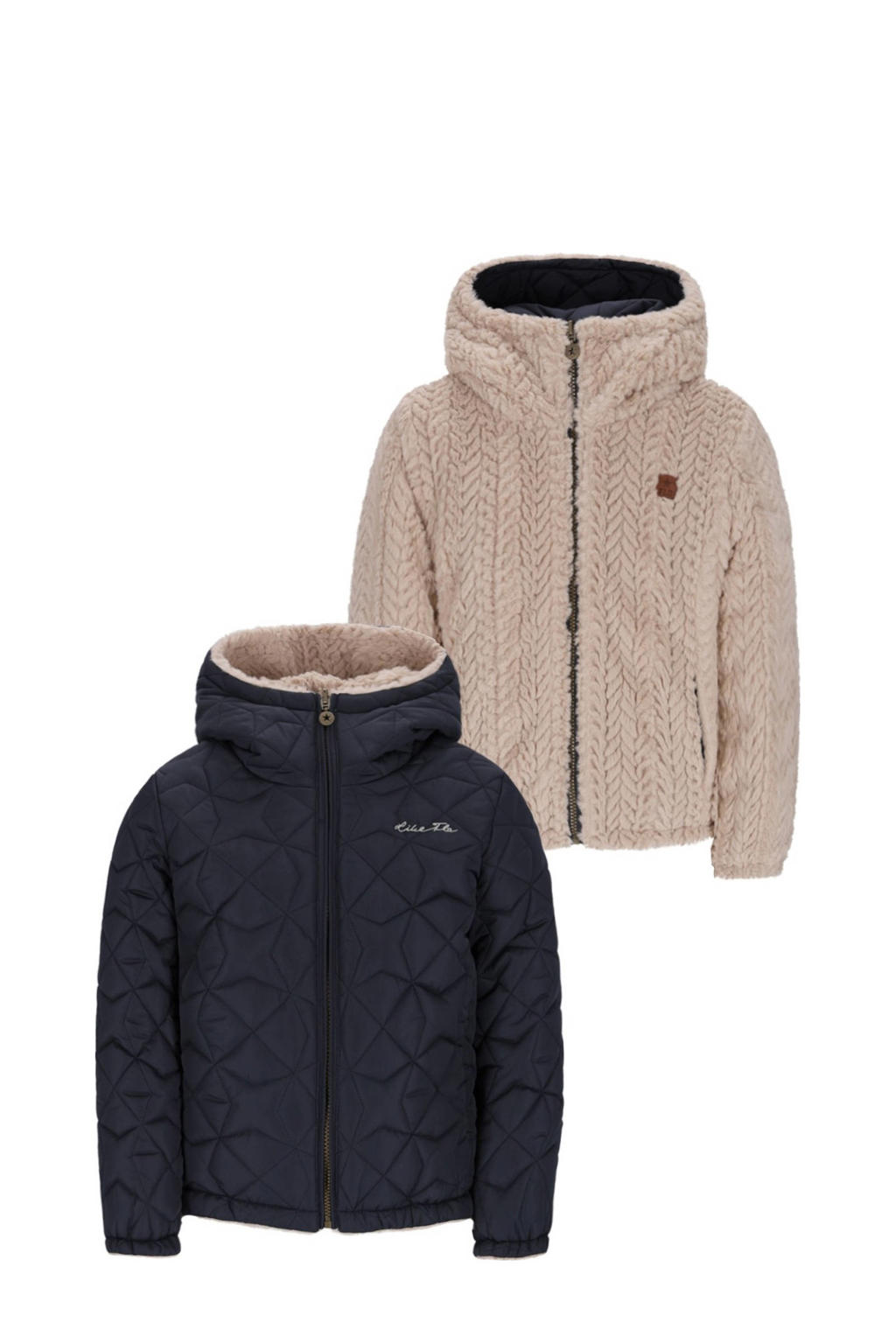 Donkerblauw en beige meisjes Like Flo reversible jas van polyester met effen, lange mouwen, capuchon, ritssluiting en quilted
