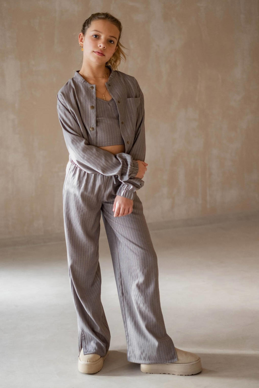 Grijze meisjes Like Flo Young wide leg casual broek met strepenprint