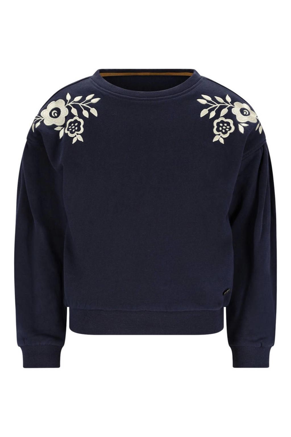 Donkerblauwe meisjes Like Flo sweater met effen, lange mouwen, ronde hals en geribde boorden