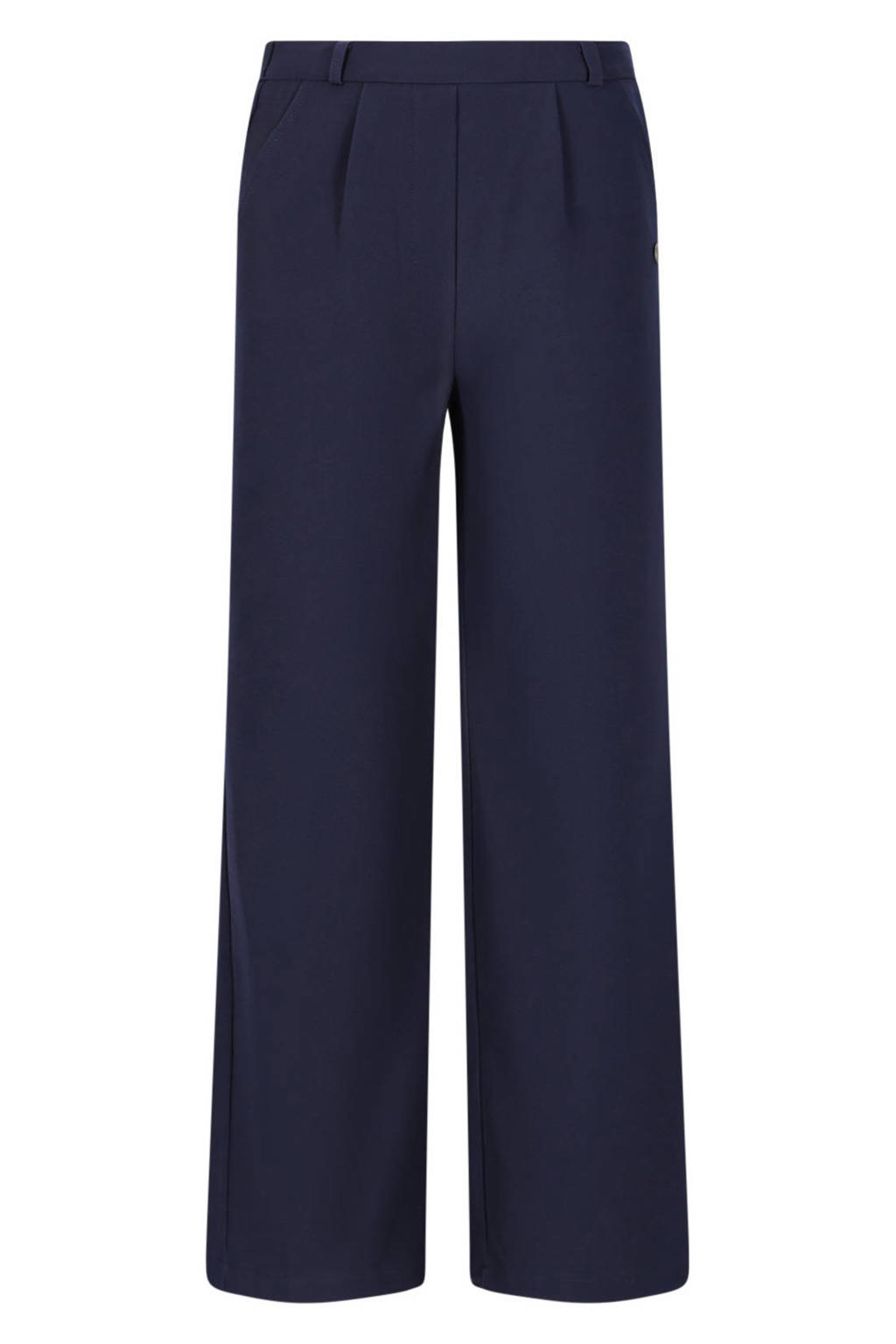 Donkerblauwe meisjes Like Flo regular pantalon van polyester met blinde knoopsluiting en effen