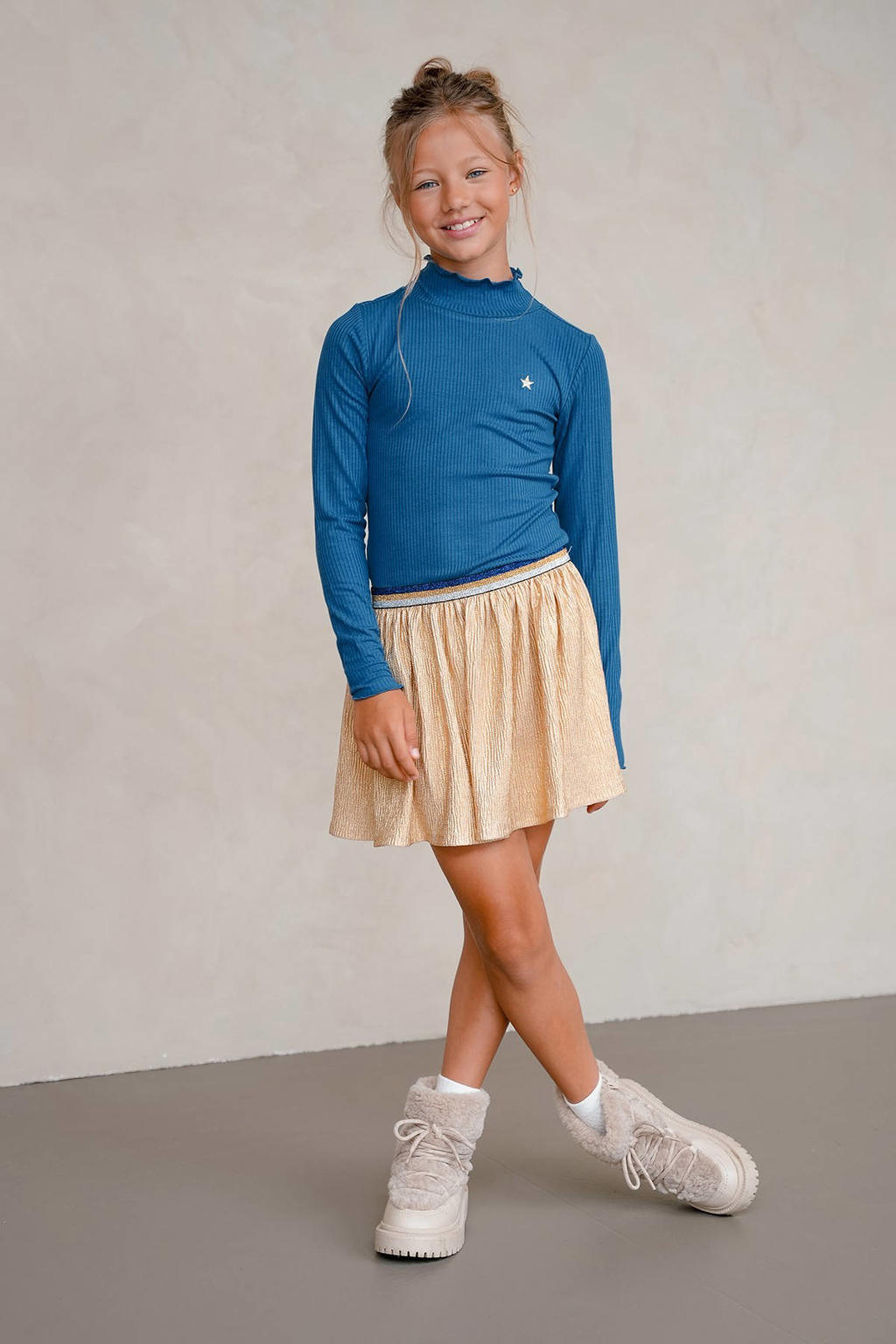 Blauw en gouden meisjes Like Flo jurk rib gebreid van viscose met lange mouwen, col en elastische tailleband