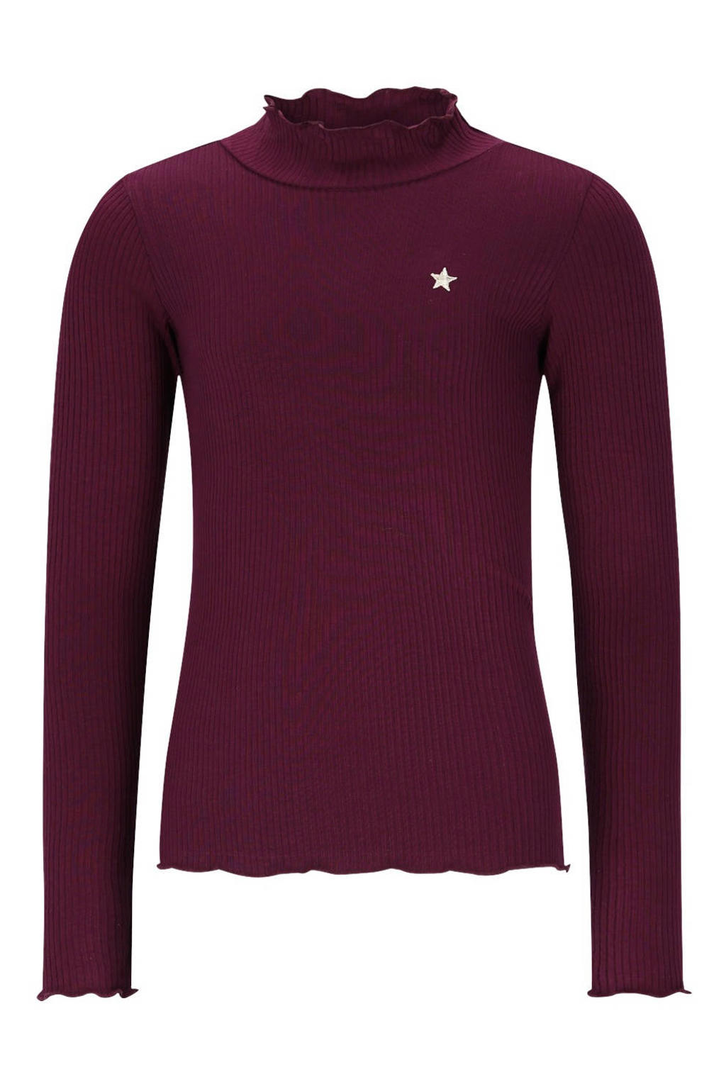 Donkerrode meisjes Like Flo longsleeve rib gebreid van viscose met effen, lange mouwen en col