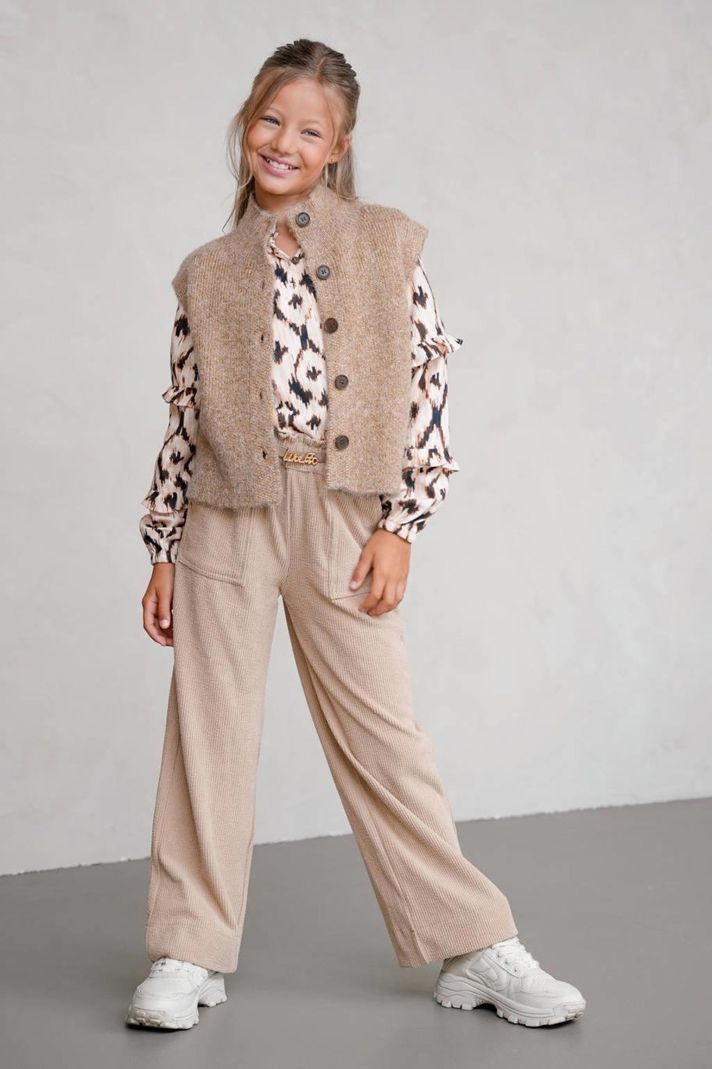 Lichtbruine meisjes Like Flo Young cardigan gebreid van polyester met effen, opstaande kraag en knoopsluiting