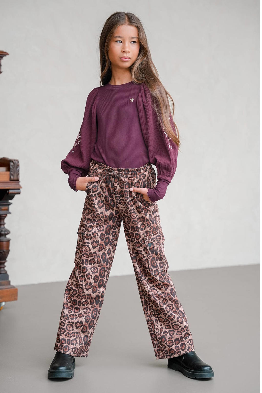 Donkerrode meisjes Like Flo blousetop van viscose met effen, lange mouwen, ronde hals en borduursels