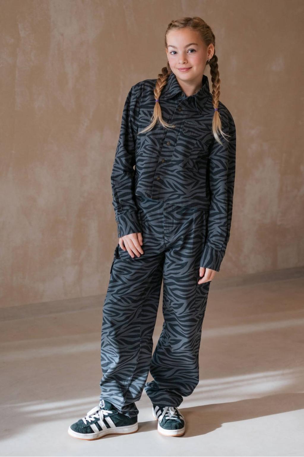 Grijze meisjes Like Flo Young wide leg cargobroek van katoen met rits- en haaksluiting en dierenprint