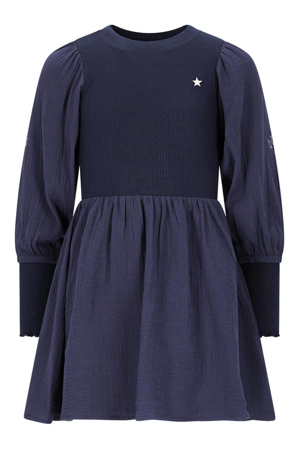 Donkerblauwe meisjes Like Flo korte jurk van viscose met effen, lange mouwen, ronde hals en borduursels
