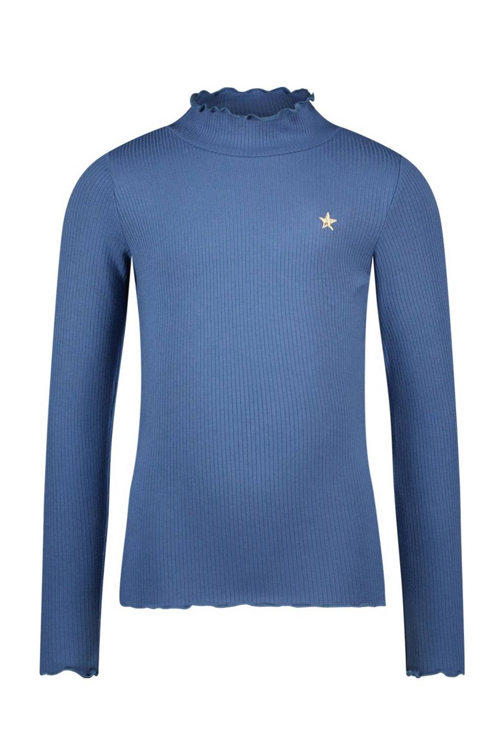 Blauwe meisjes Like Flo longsleeve rib gebreid van viscose met effen, lange mouwen en col