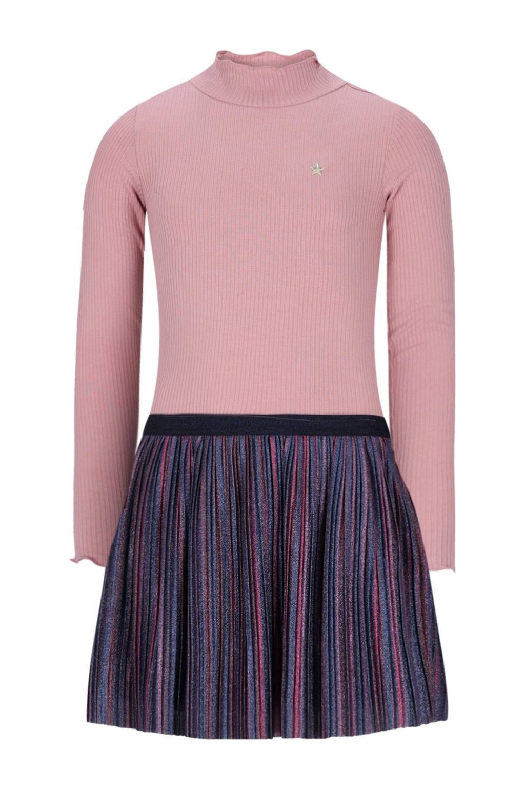Roze en donkerblauwe meisjes Like Flo midi jurk rib gebreid van viscose met lange mouwen, opstaande kraag en glitters