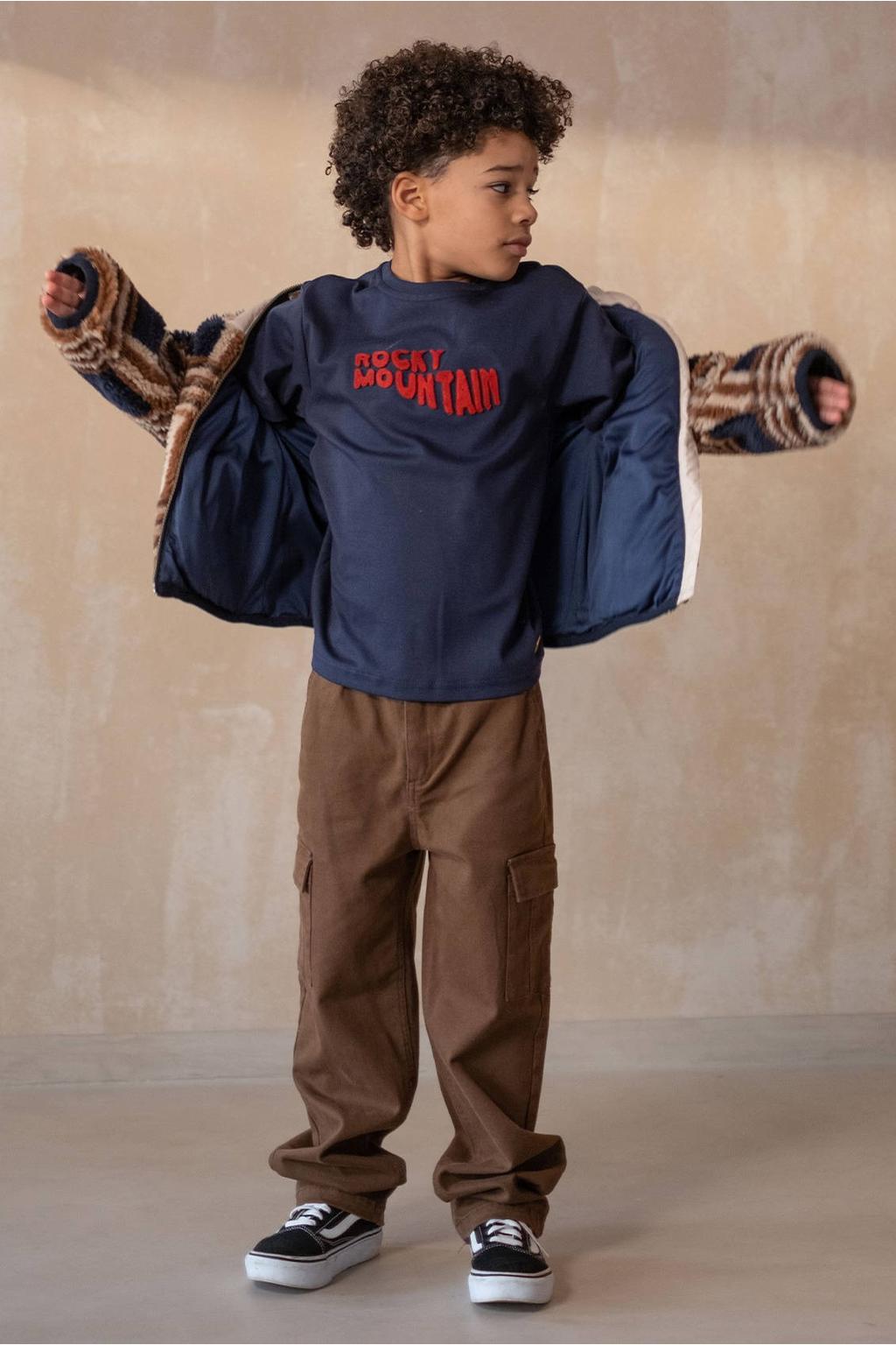 Donkerblauwe jongens Like Flo Boys T-shirt van katoen met printopdruk, korte mouwen en ronde hals
