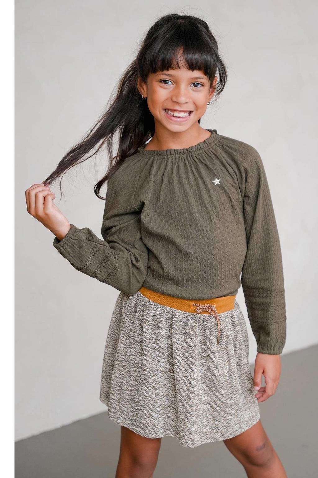 Groene meisjes Like Flo blousetop van stretchkatoen met effen, lange mouwen, boothals en textuur