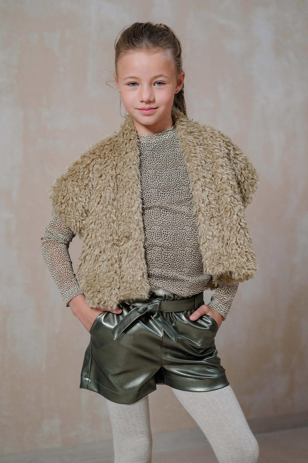 Beige meisjes Like Flo blousetop van polyester met stippenprint, lange mouwen, ronde hals en mesh