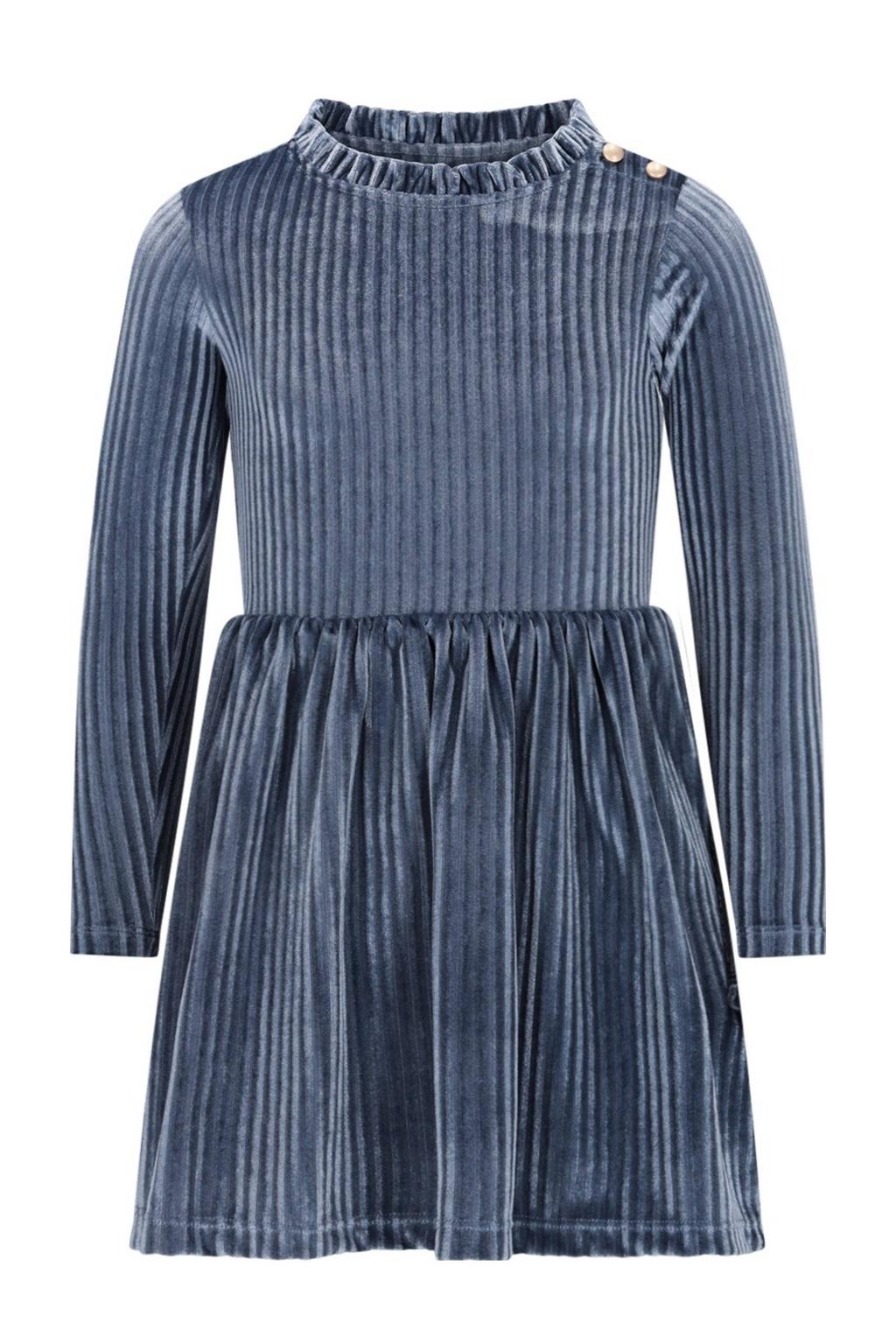 Blauwe meisjes Like Flo fluwelen korte jurk met strepenprint, lange mouwen, ronde hals, knoopsluiting en schouderdetail
