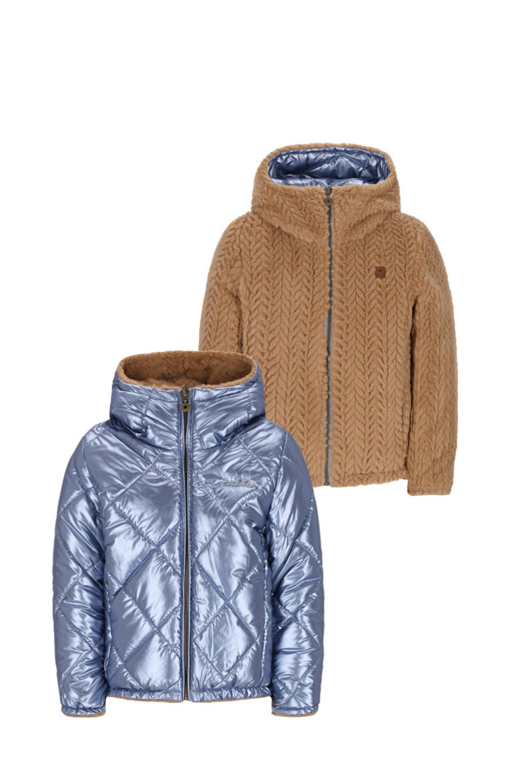 Blauw en bruine meisjes Like Flo reversible jas van polyester met effen, lange mouwen, capuchon, ritssluiting en doorgestikte details
