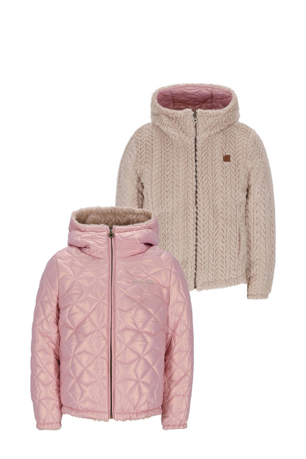 Roze en beige meisjes Like Flo reversible jas van polyester met effen, lange mouwen, capuchon, ritssluiting en doorgestikte details