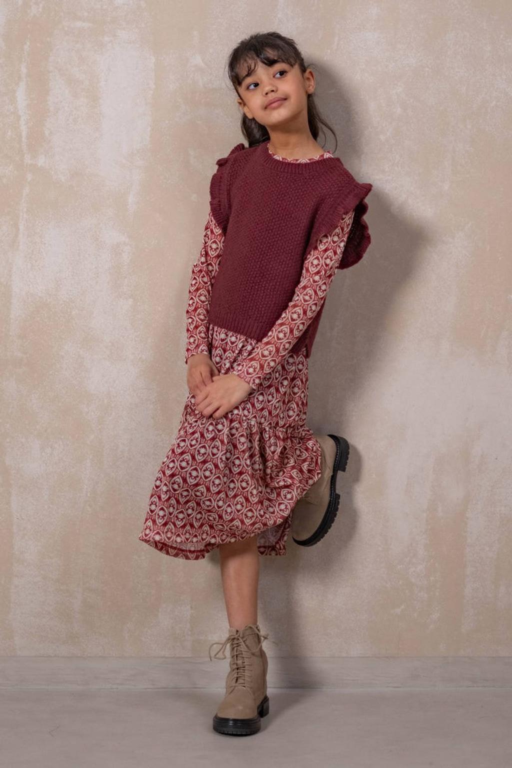 Rode meisjes Like Flo midi jurk van polyester met lange mouwen, ronde hals en mesh