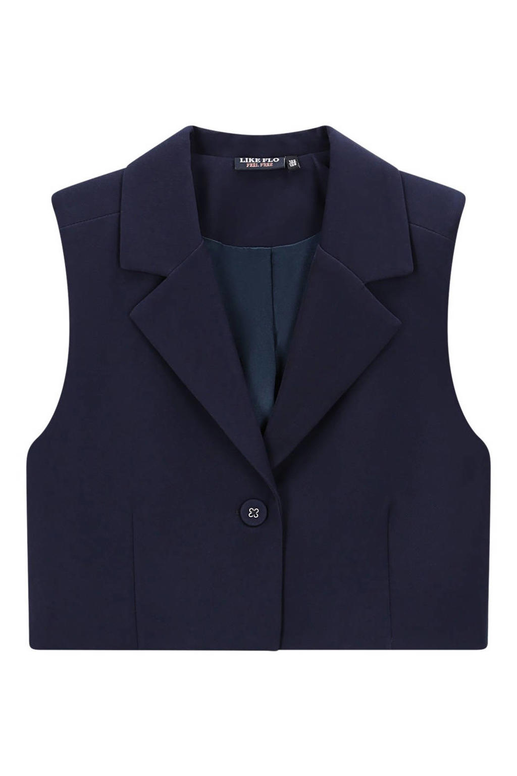 Donkerblauwe meisjes Like Flo gilet van polyester met effen, reverskraag, knoopsluiting en geweven detail