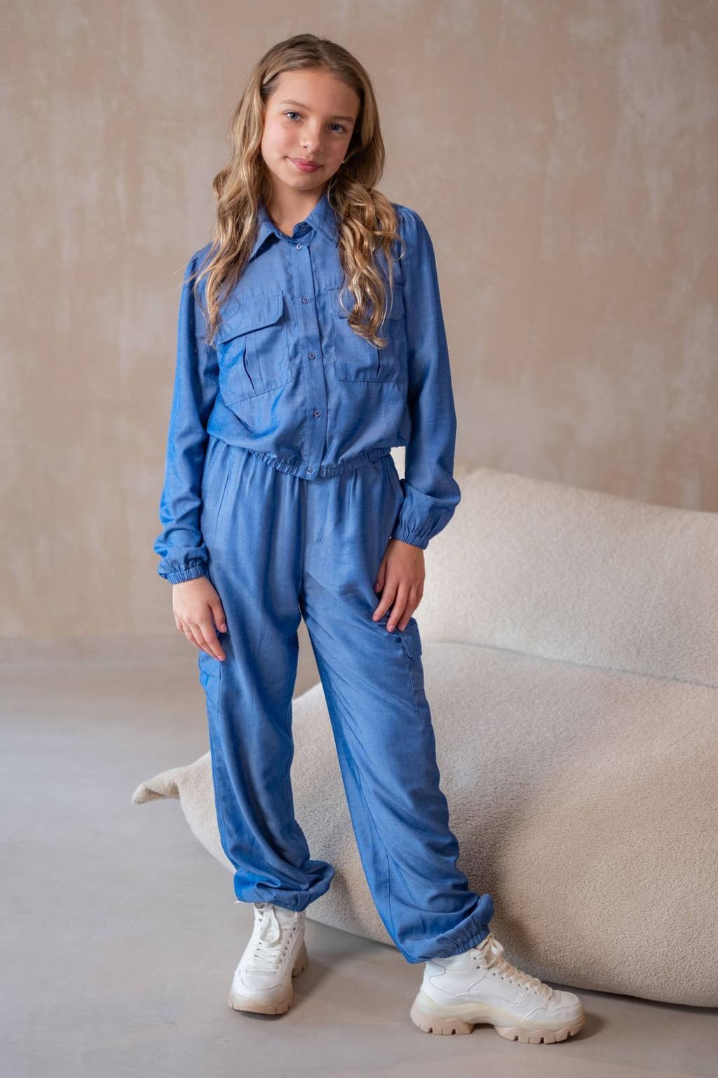 Blauwe meisjes Like Flo Young casual broek met regular waist, elastische tailleband en effen
