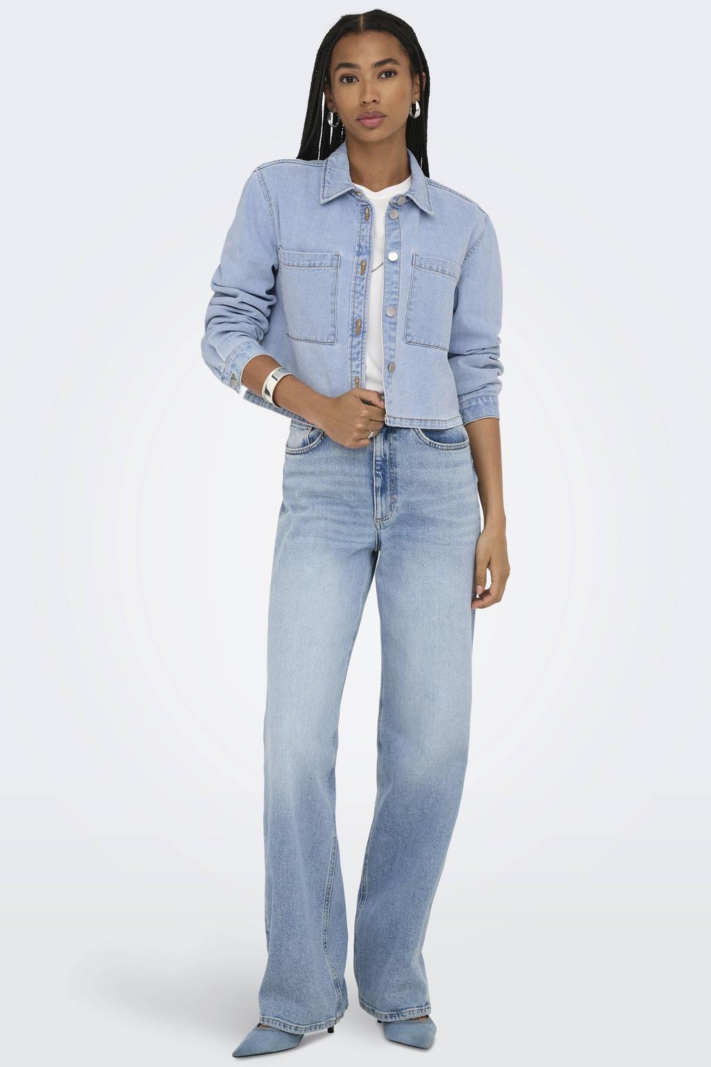 Light blue denim dames JDY blouse van katoen met effen, lange mouwen, button down sluiting en knoopsluiting